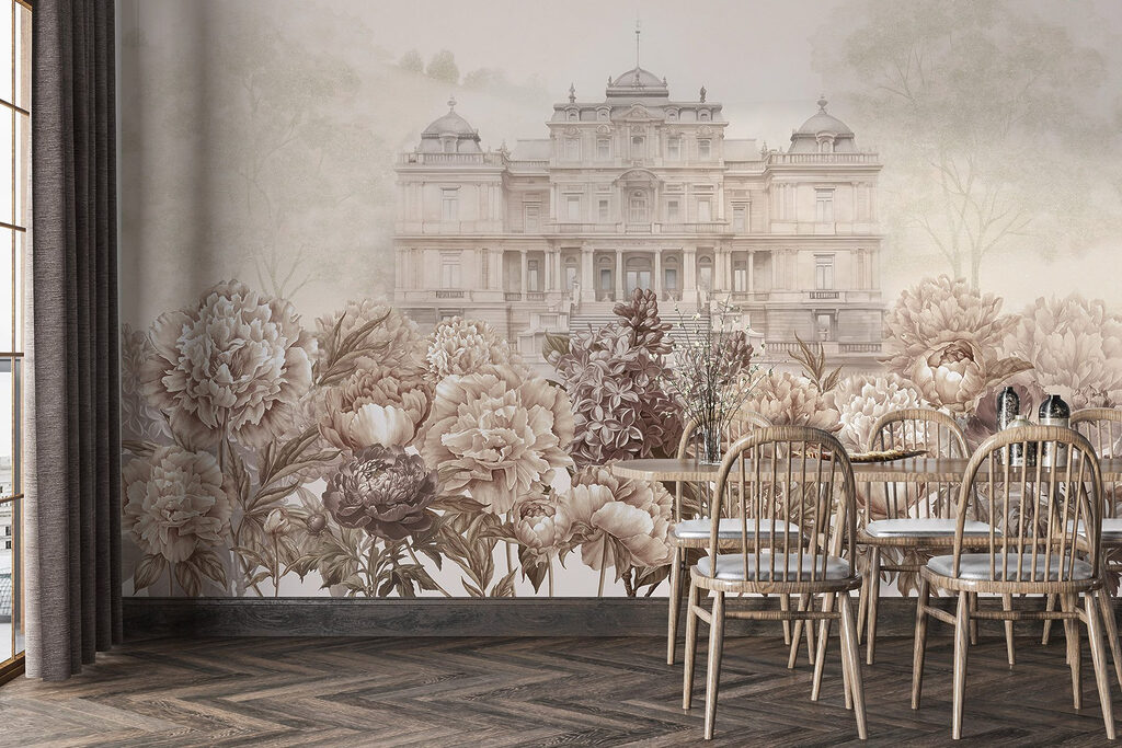 Large white building with flowers Large white building with flowers