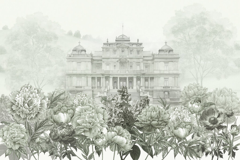 Large white building with flowers Large white building with flowers