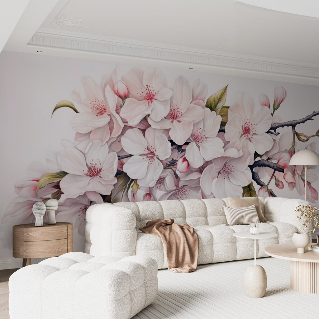 Painting of white flowers on a branch Painting of white flowers on a branch