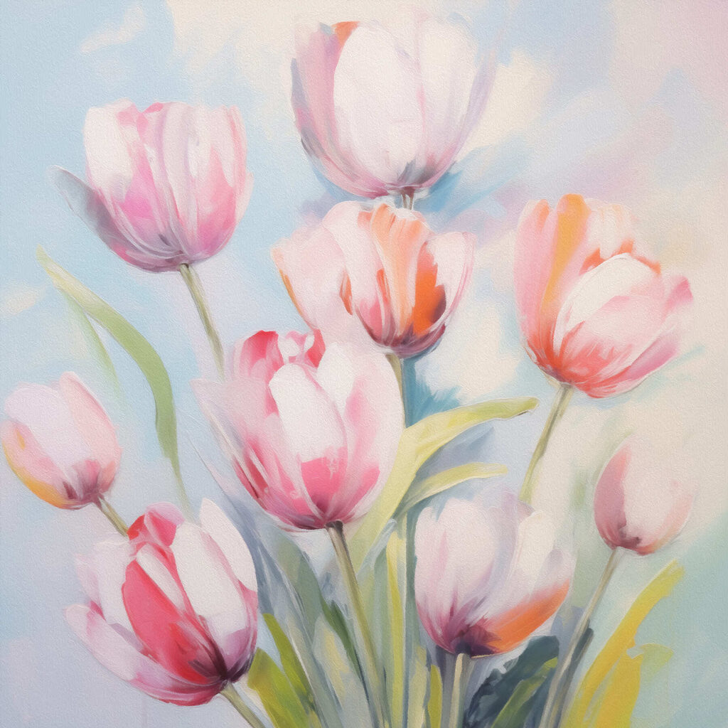 Painting of pink and white tulips