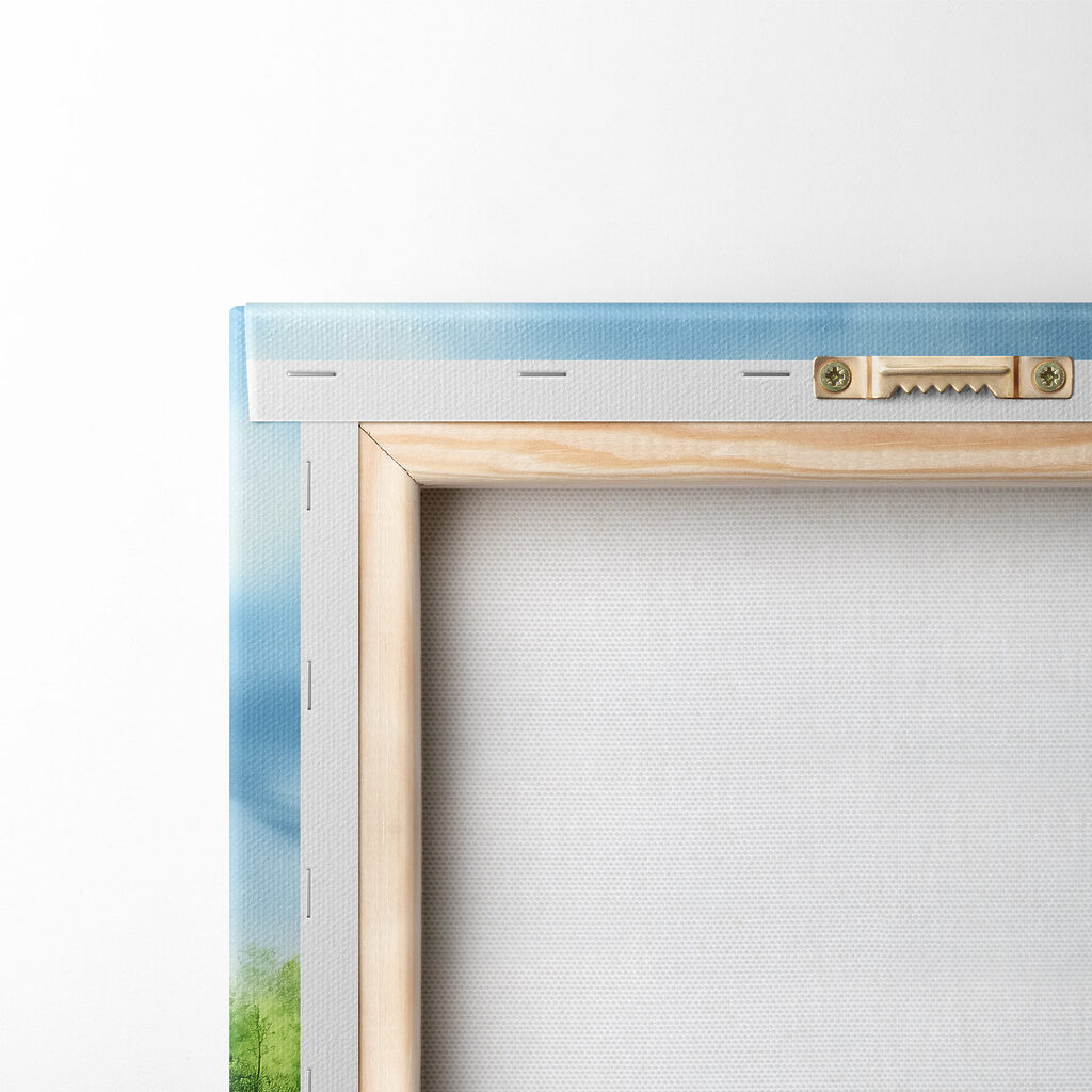 Watercolor painting of a lake with trees and grass