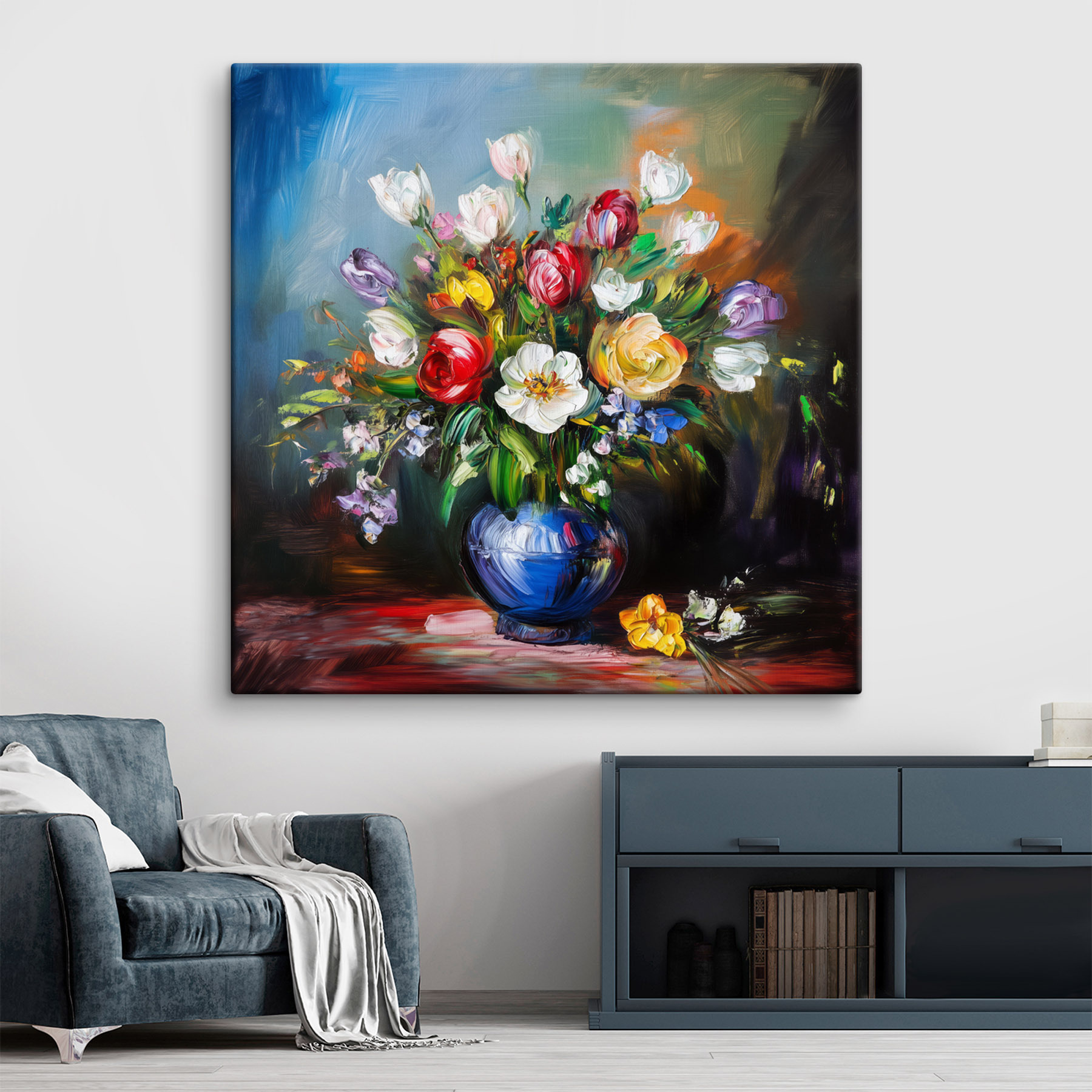 Painting of flowers in a blue vase
