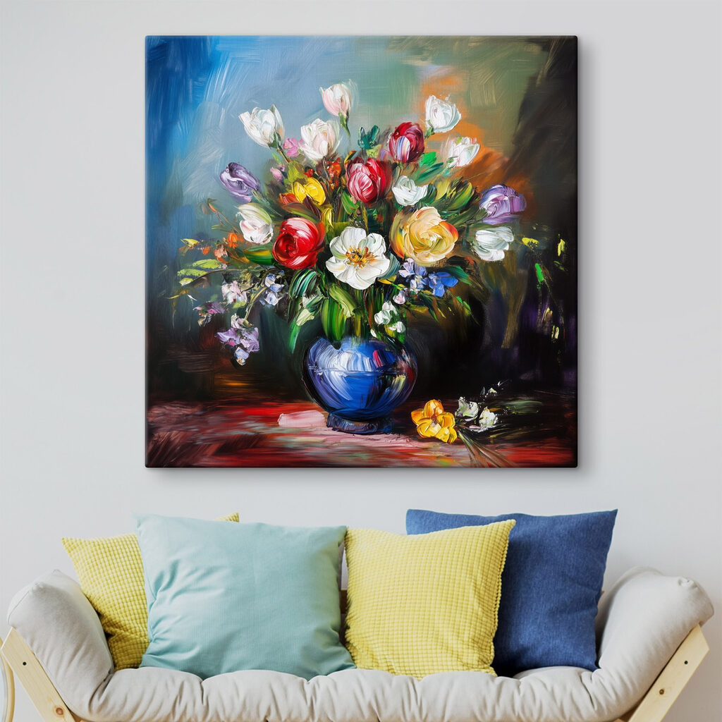 Painting of flowers in a blue vase