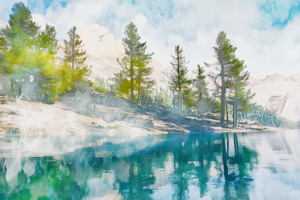 Water with trees and mountains in the background