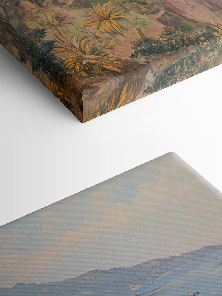 Painting of a town on a cliff by the water Painting of a town on a cliff by the water