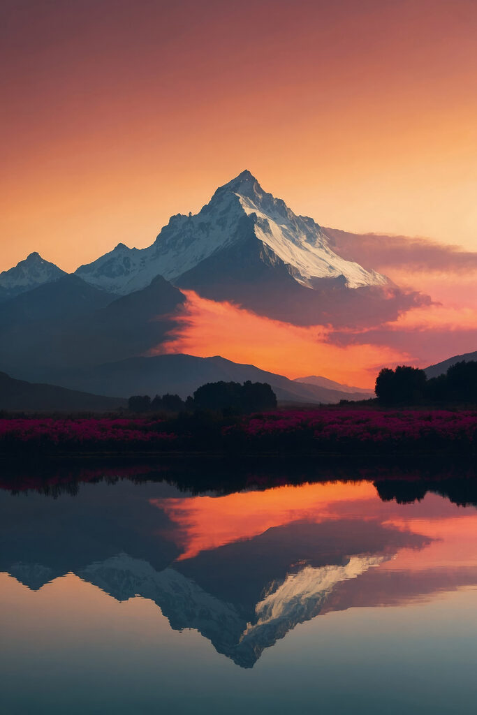 Mountain range with flowers and a lake