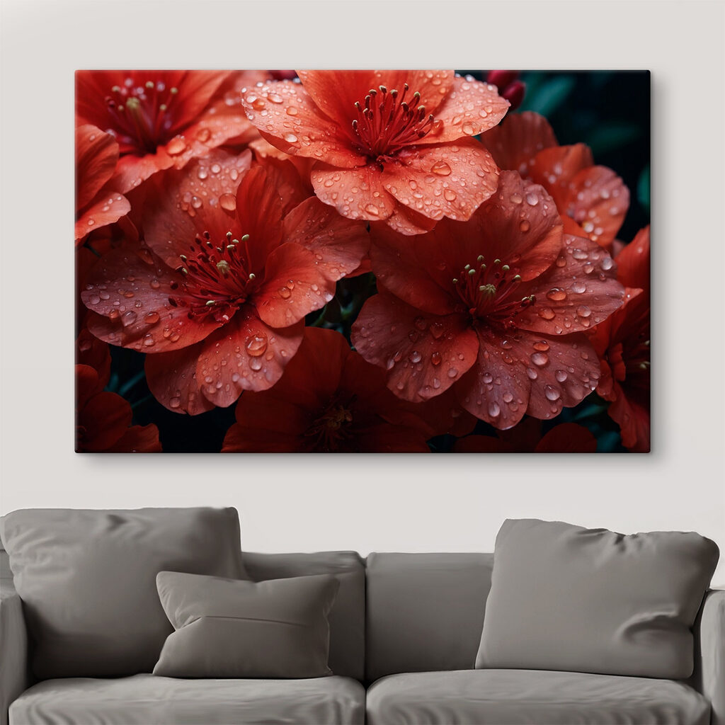 Group of red flowers with water droplets