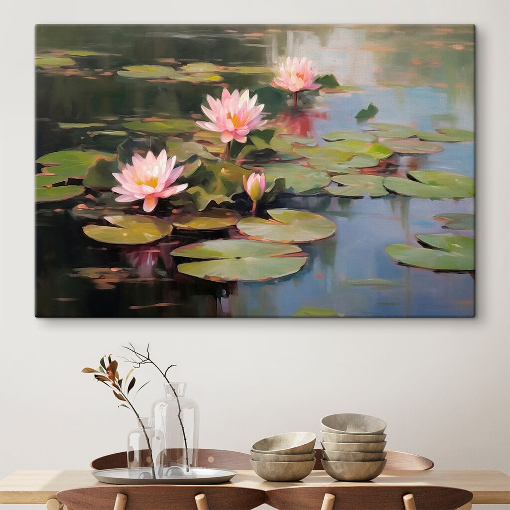 Group of pink flowers on lily pads