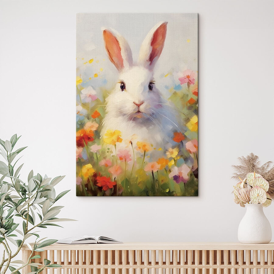 Canvas prints White rabbit in a flower field