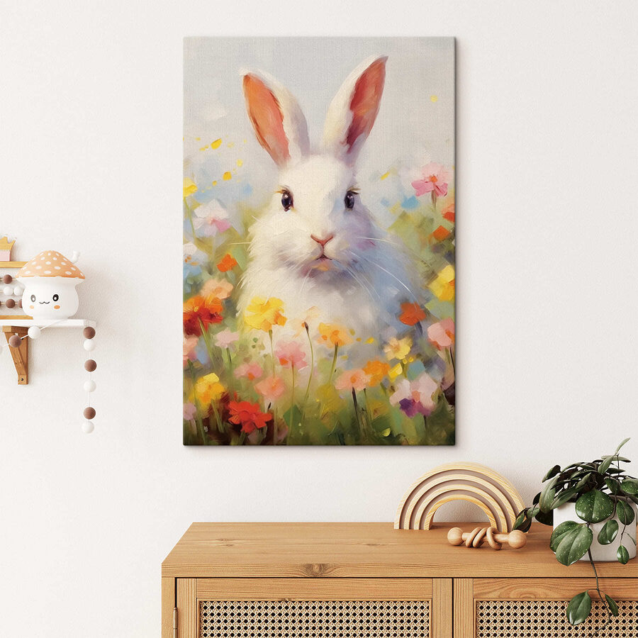 Canvas prints White rabbit in a flower field