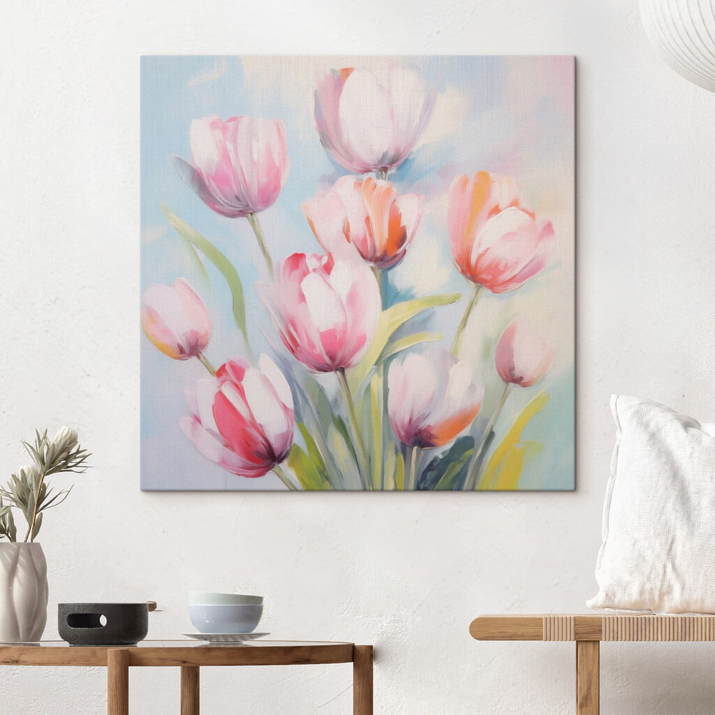 Painting of pink and white tulips