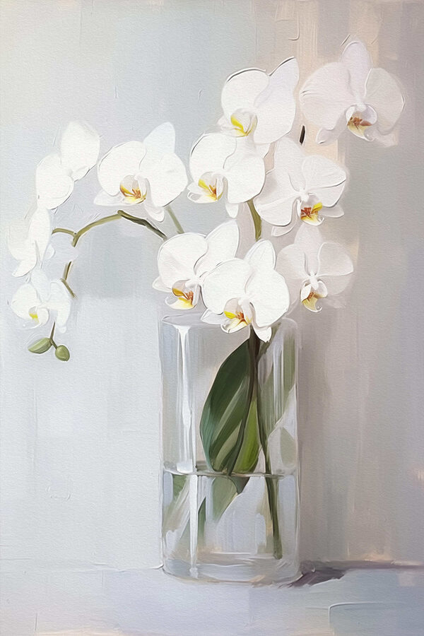 Festmény egy fehér orchidea üvegvázában Festmény egy fehér orchidea üvegvázában