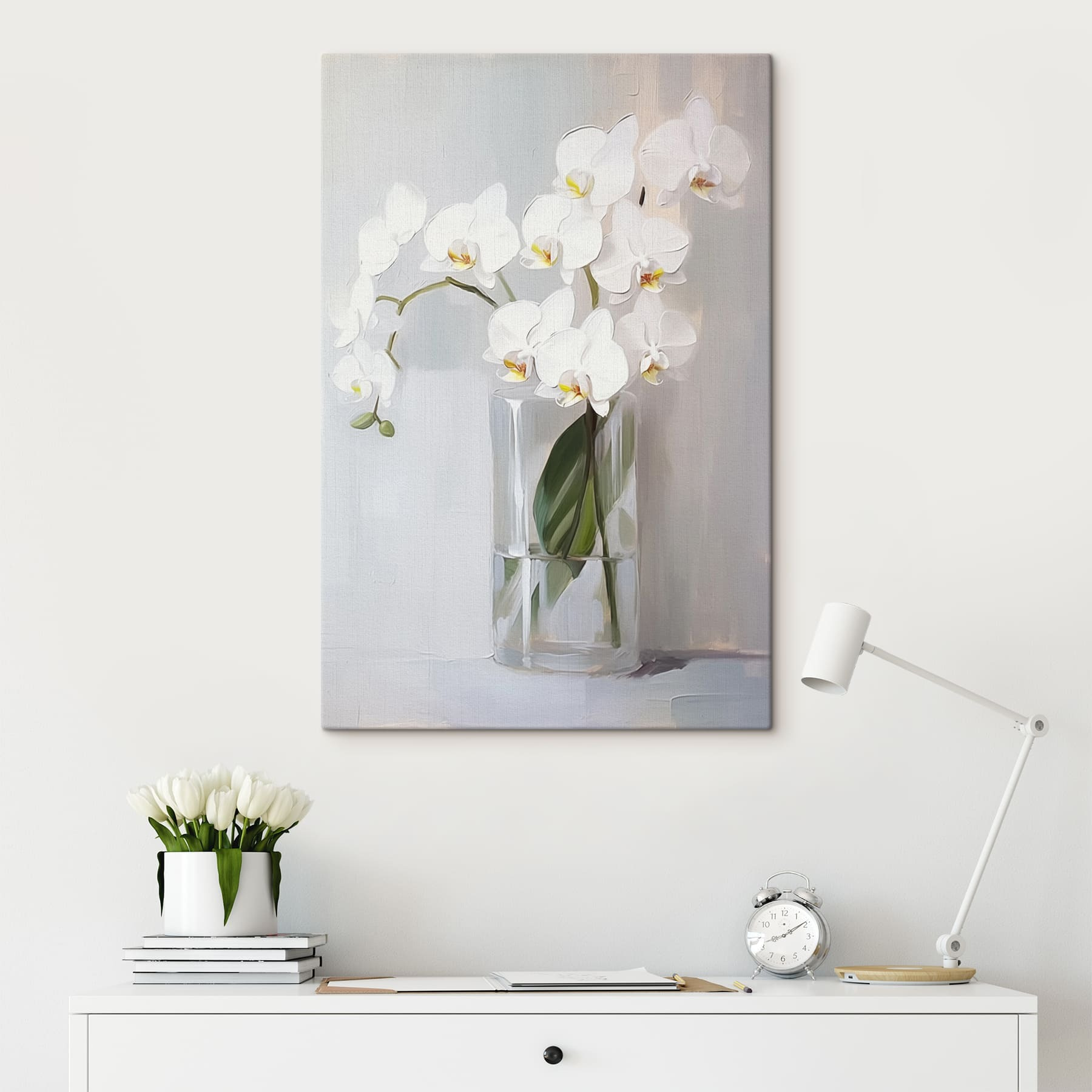 Painting of a white orchid in a glass vase