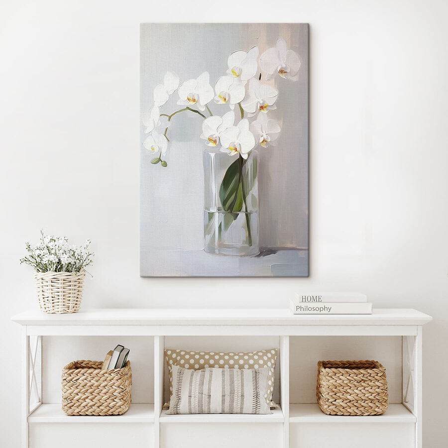 Festmény egy fehér orchidea üvegvázában