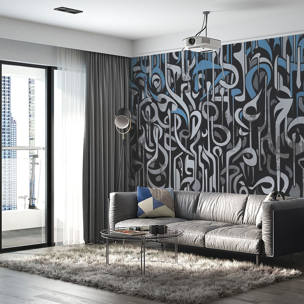 Black and white art with blue and white lines Black and white art with blue and white lines