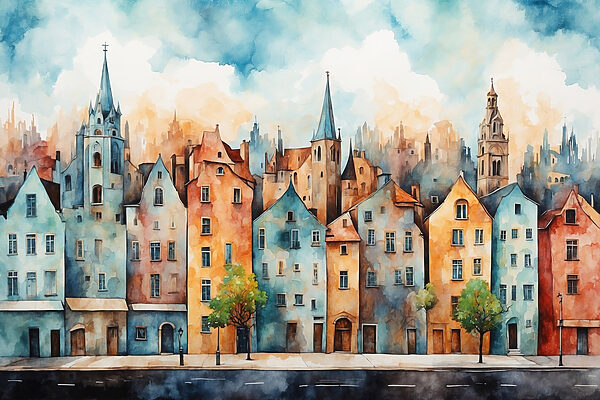 Watercolor of a row of buildings