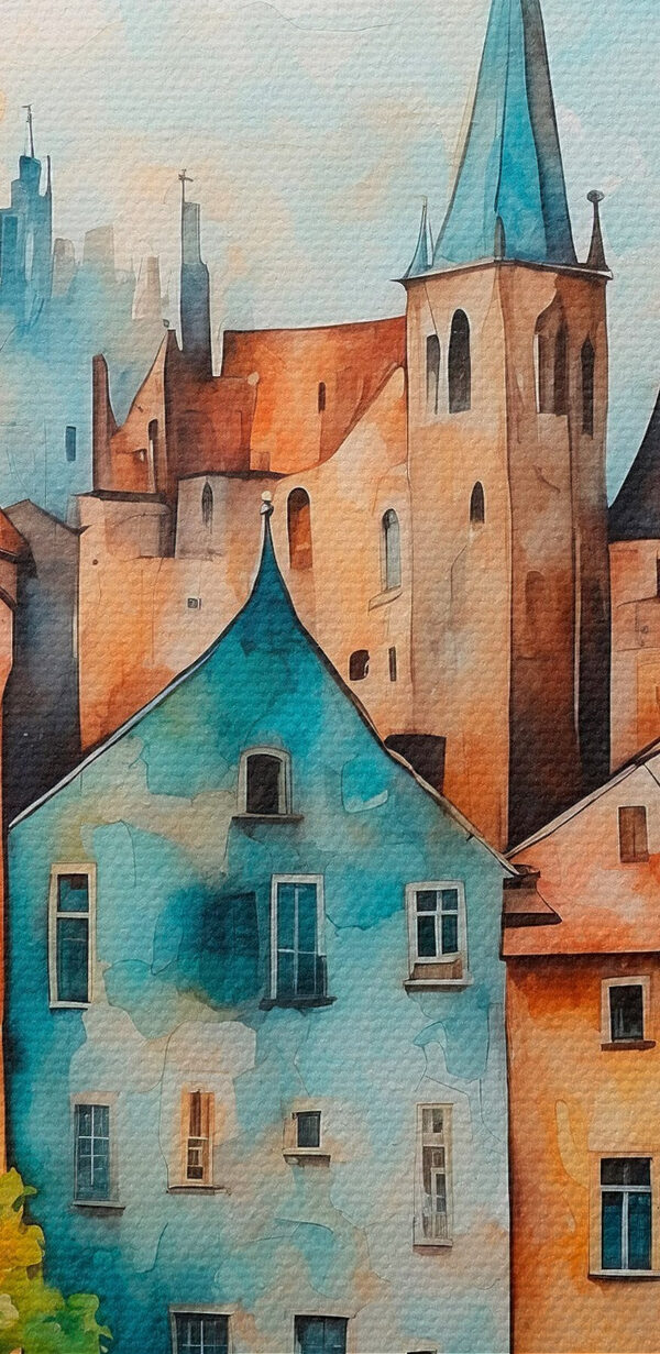 Watercolor of a row of buildings