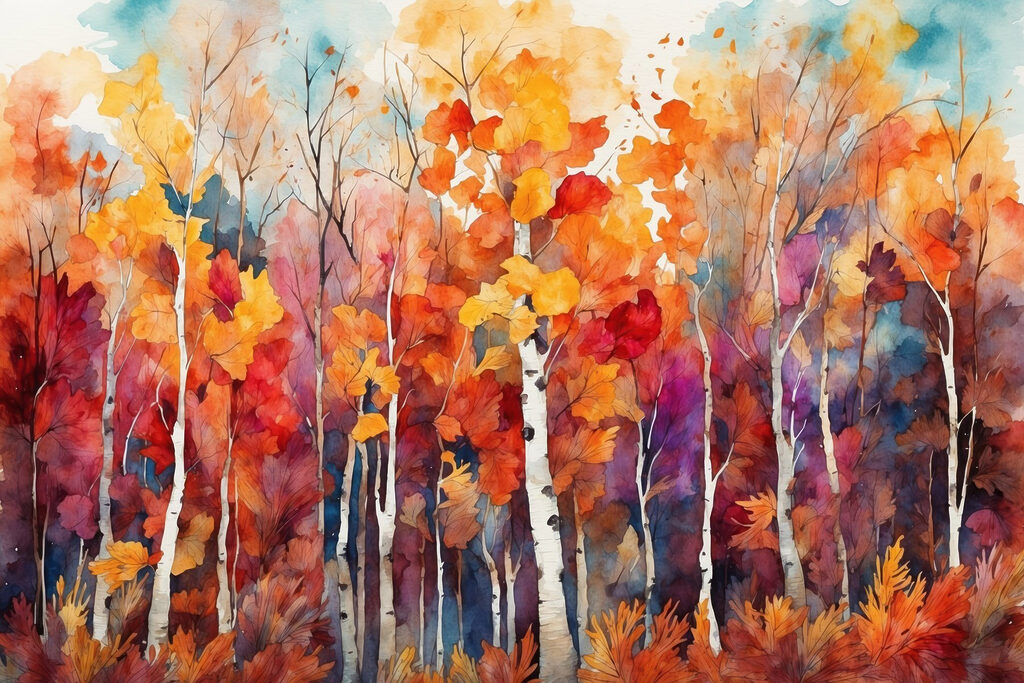 Watercolor painting of trees with orange and purple leaves