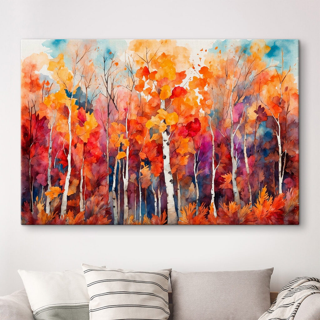 Watercolor painting of trees with orange and purple leaves