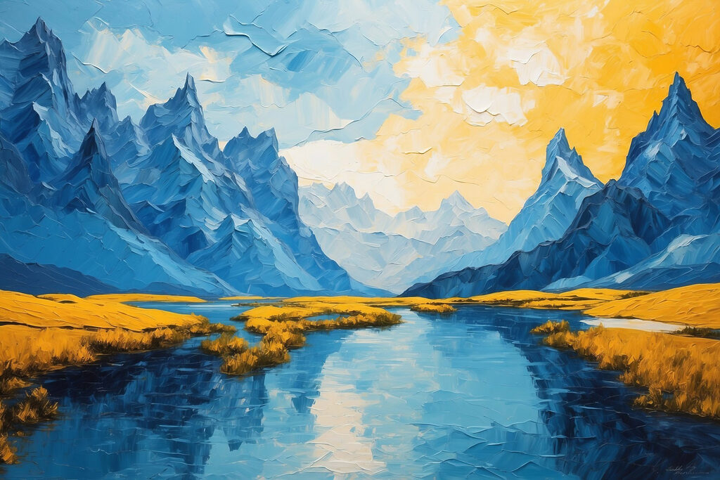 s43449p 1024x683 - Festmény egy folyóról hegyekkel és fűvel - tegory