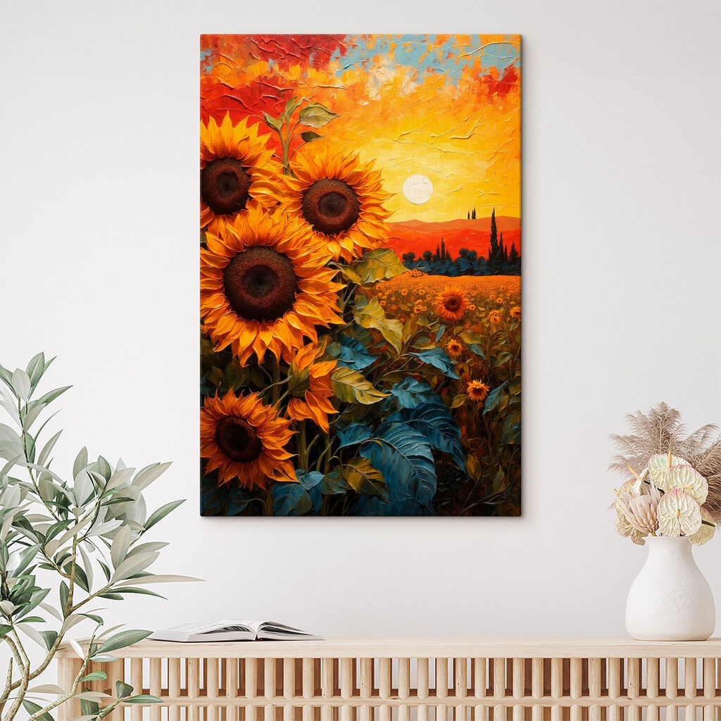 Painting of sunflowers in a field