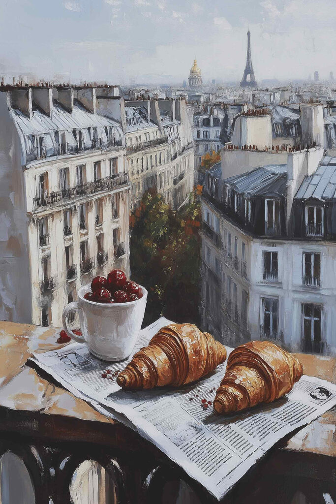 Cup of coffee and croissants on a table with buildings in the background Cup of coffee and croissants on a table with buildings in the background