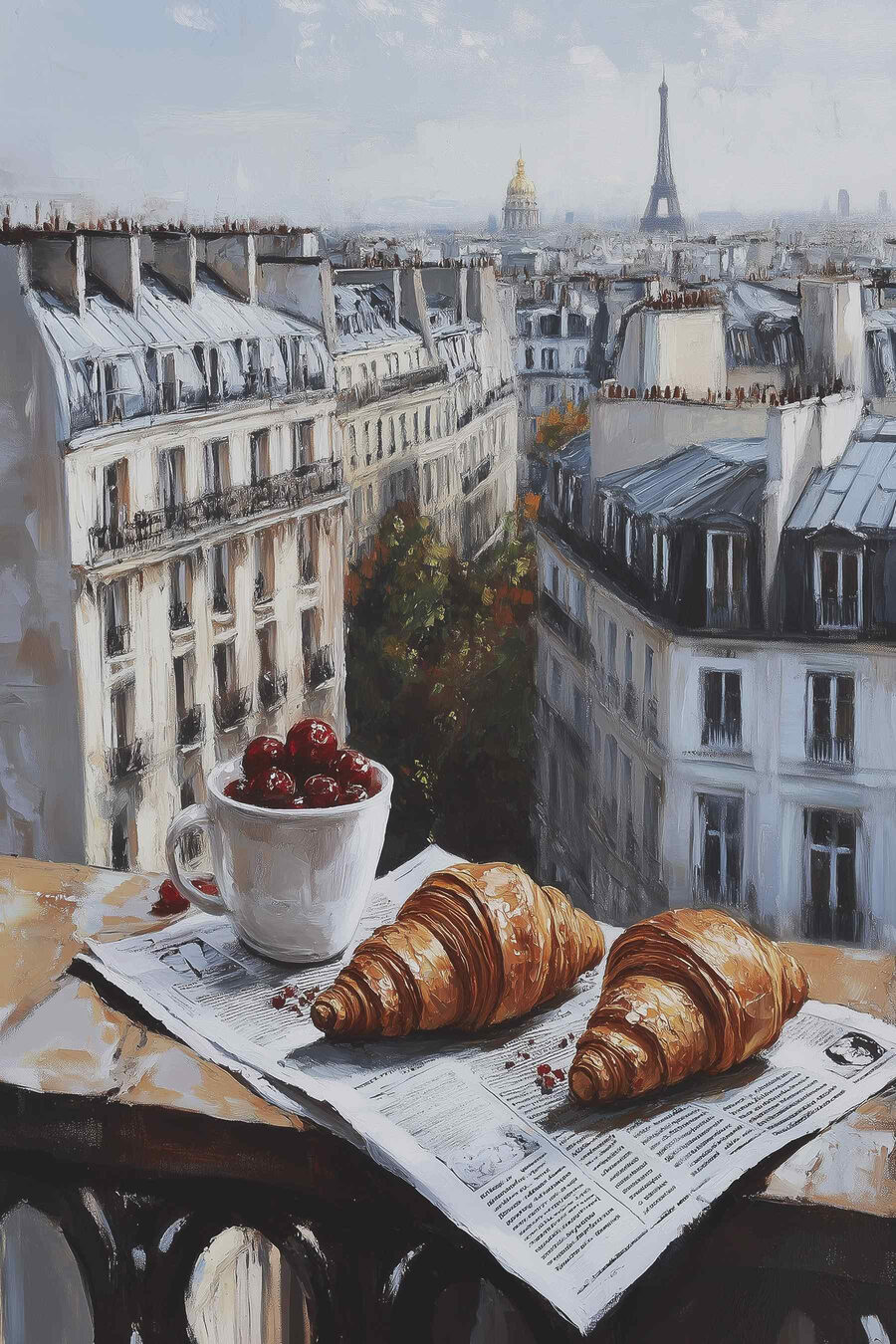 Egy csésze kávé és croissant egy asztalon, a háttérben épületekkel