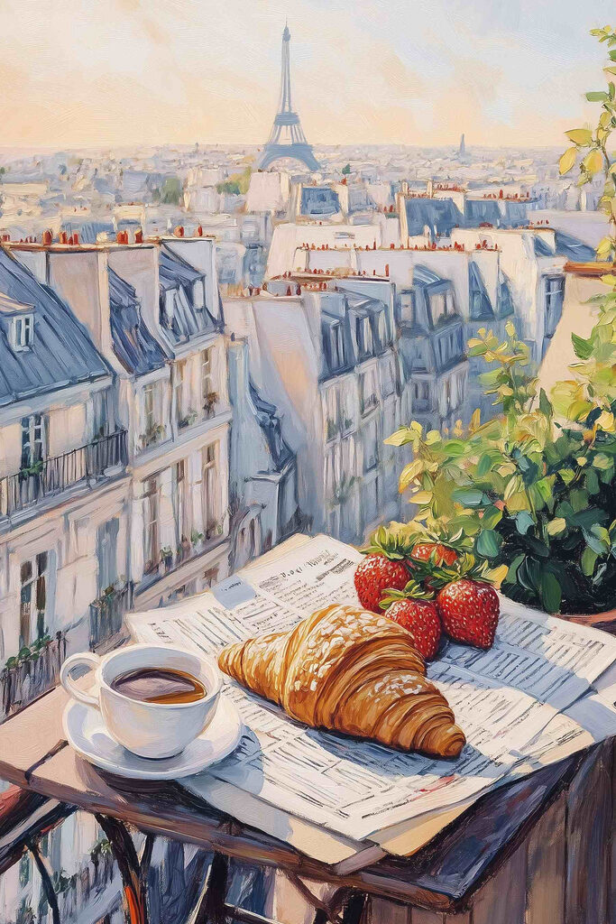 Breakfast on a table with a cup of coffee and strawberries