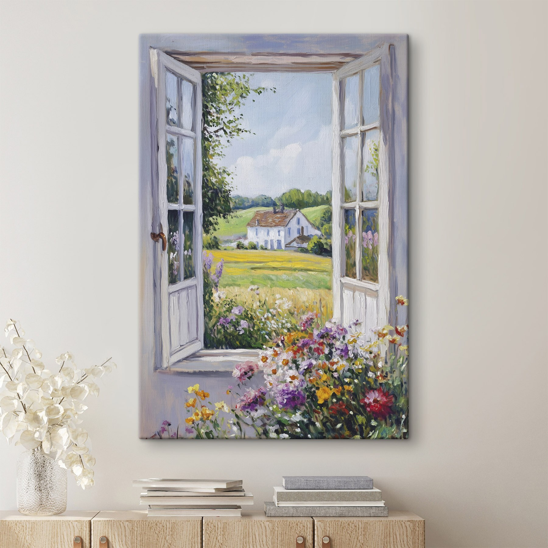 Painting of a house seen through a window