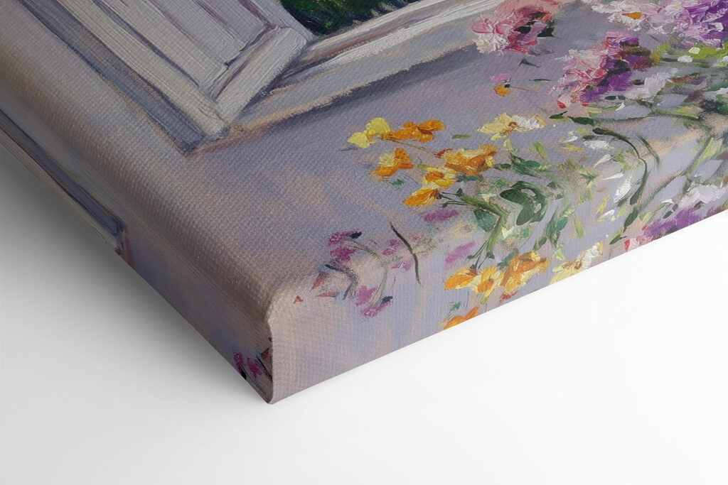 Painting of a house seen through a window