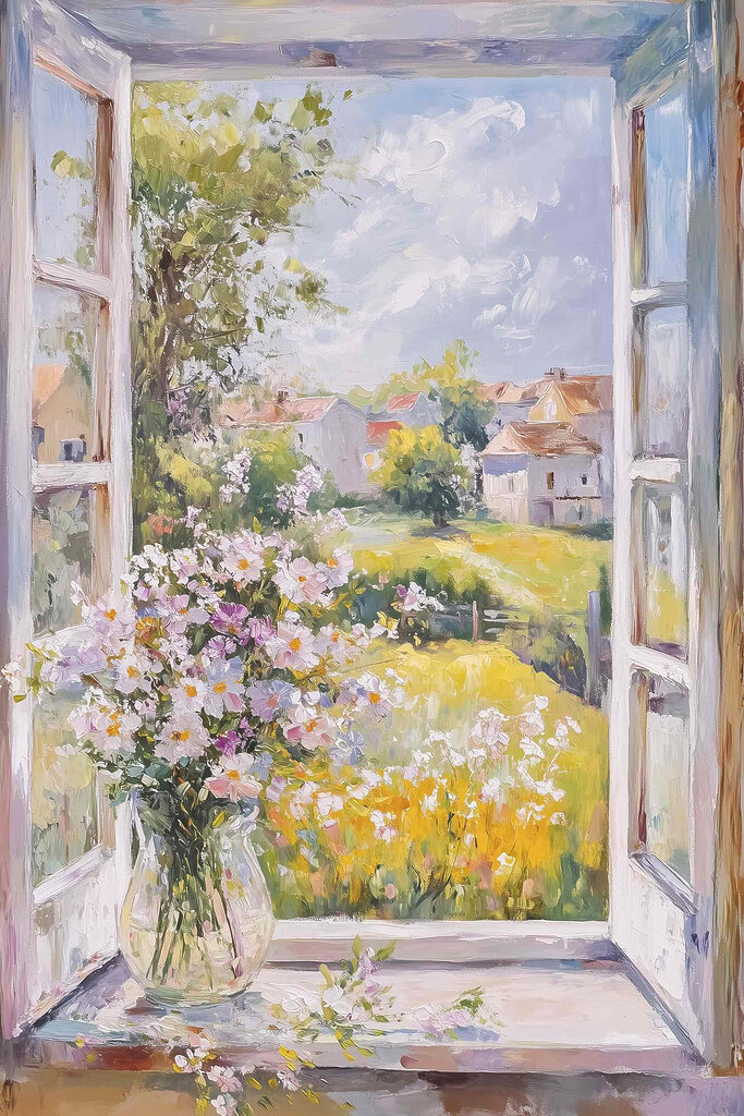 Painting of a window with flowers in it