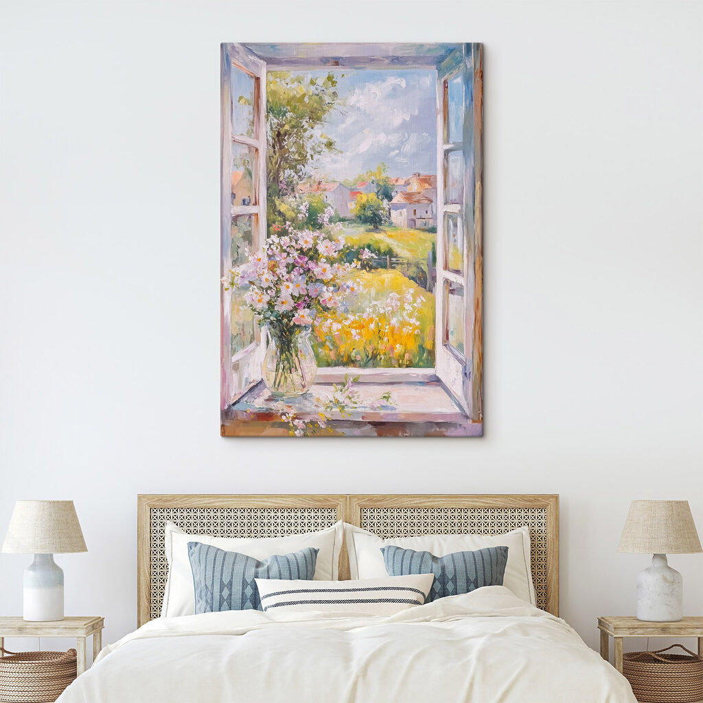 Painting of a window with flowers in it