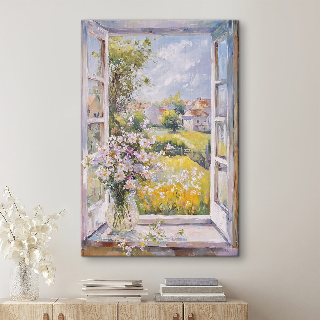 Painting of a window with flowers in it