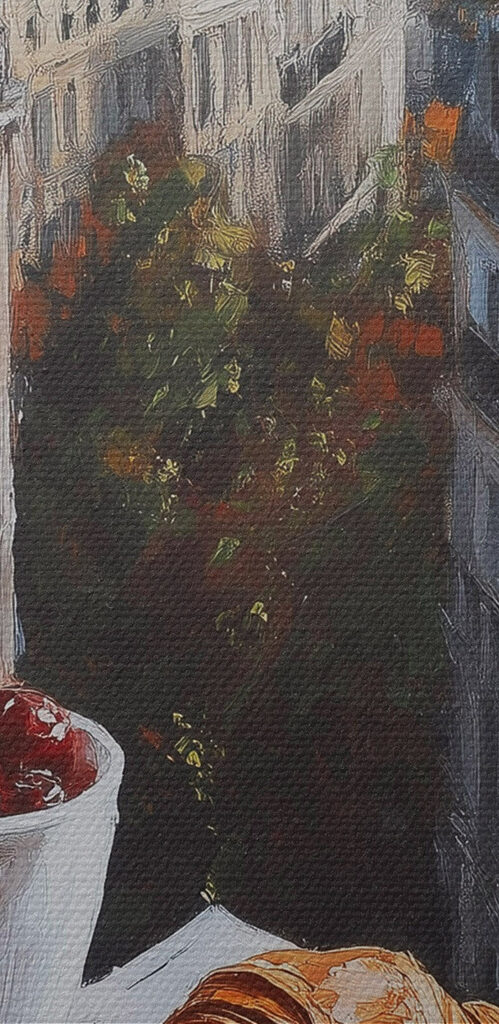 Cup of coffee and croissants on a table with buildings in the background Cup of coffee and croissants on a table with buildings in the background