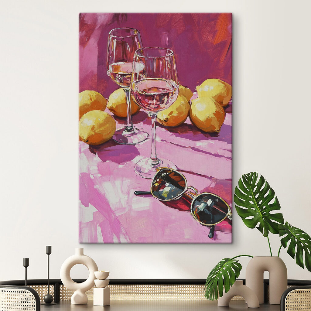 Painting of wine glasses and lemons