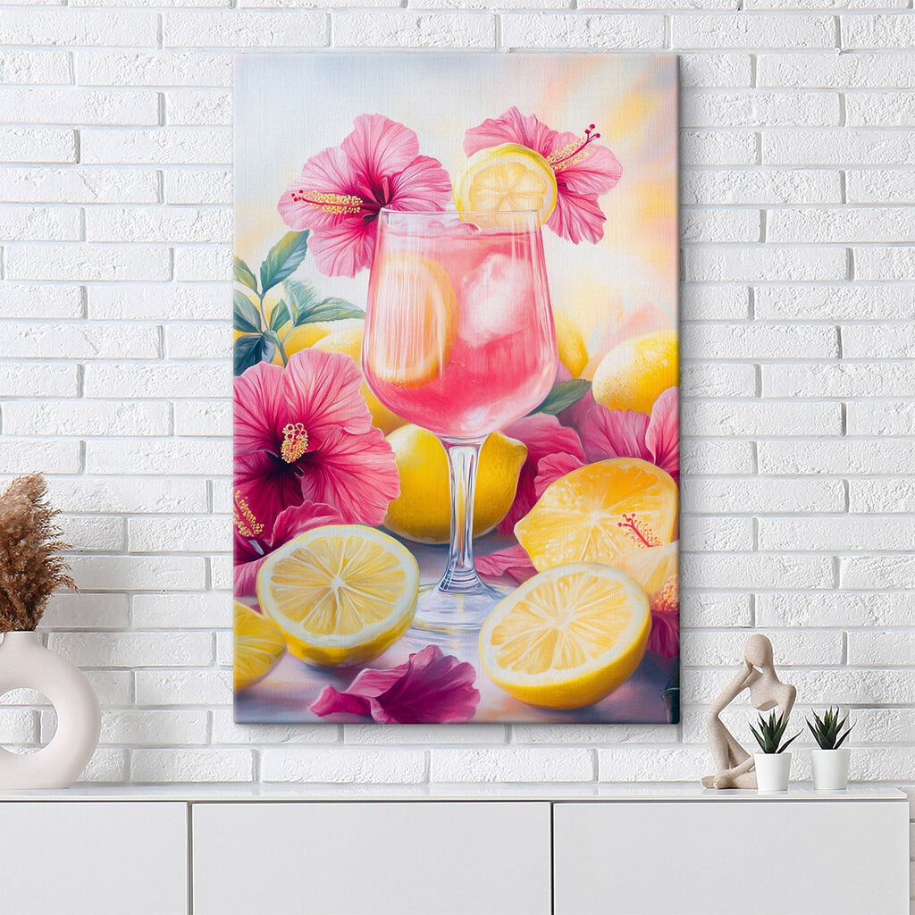 Glass of pink drink with lemons and flowers