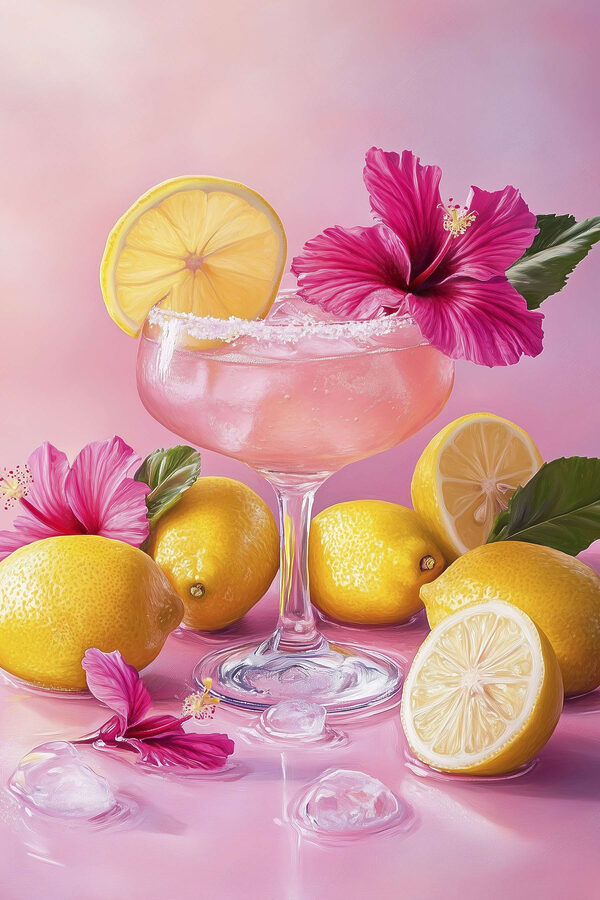 Glass with pink drink and lemons