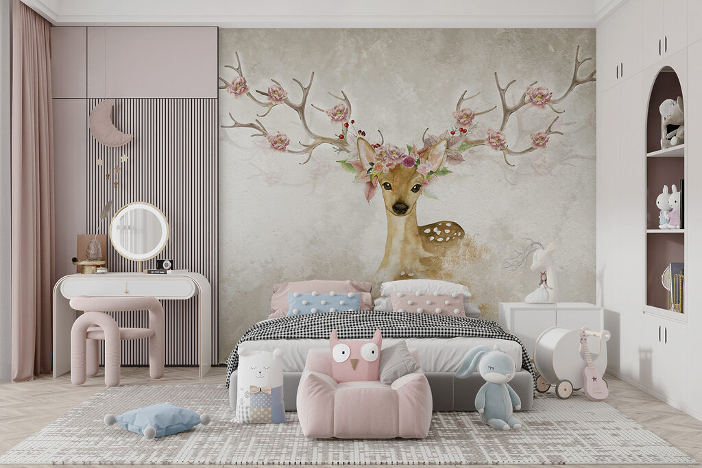 Watercolor of a deer with flowers on horns