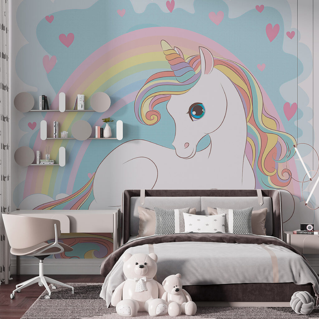 Unicorn sitting on a cloud with rainbow and hearts Unicorn sitting on a cloud with rainbow and hearts