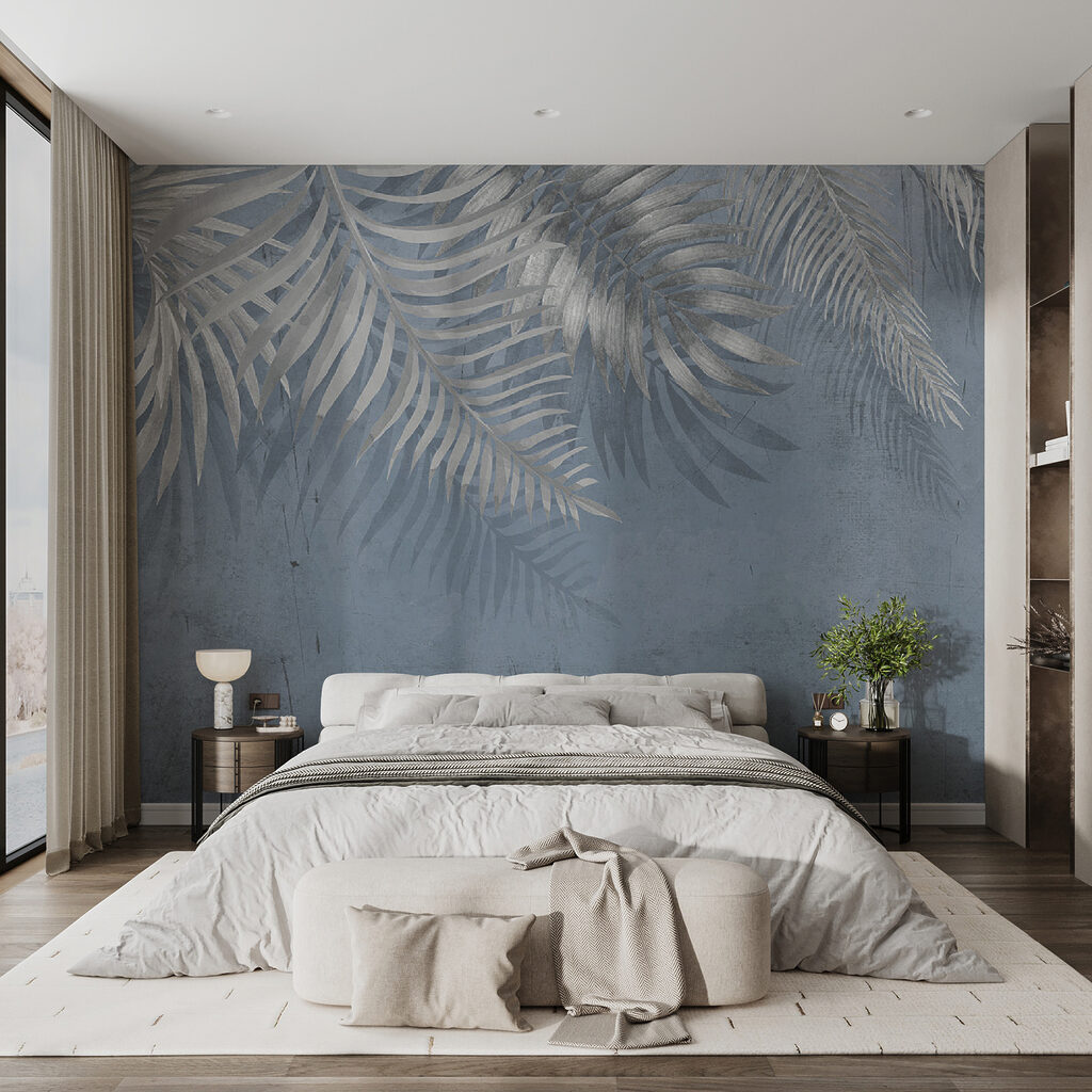 Blue background with silver leaves Blue background with silver leaves