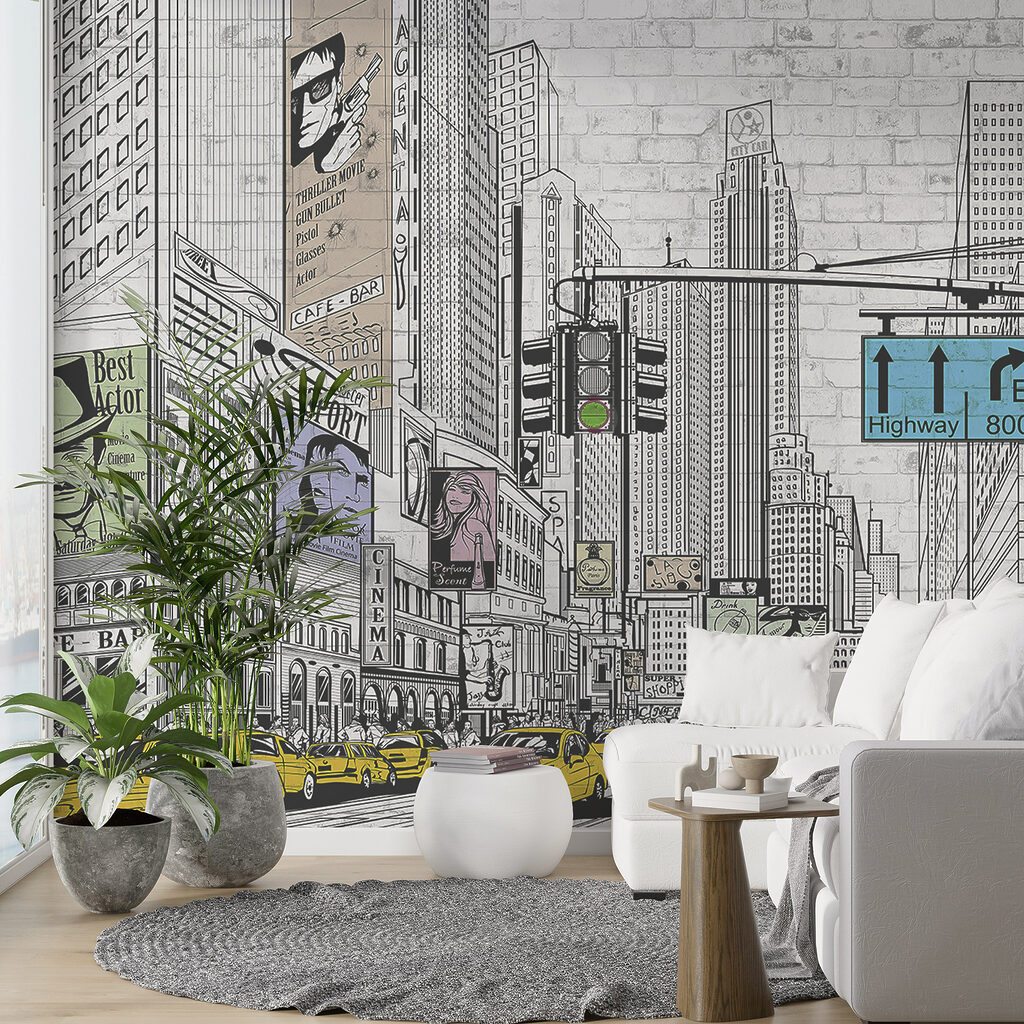 Drawing of a city street with cars and buildings