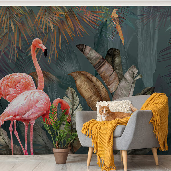 Rózsaszín flamingók és egy madár az erdőben Rózsaszín flamingók és egy madár az erdőben