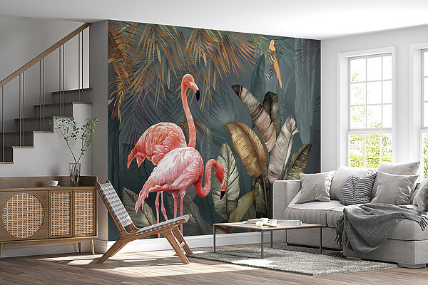 Rózsaszín flamingók és egy madár az erdőben Rózsaszín flamingók és egy madár az erdőben
