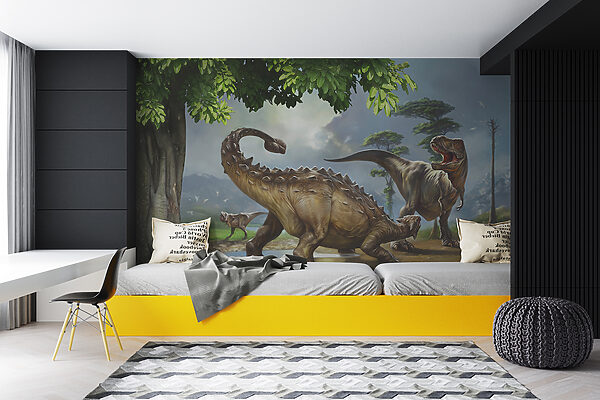 Dinoszauruszok festménye egy folyó mellett Dinoszauruszok festménye egy folyó mellett