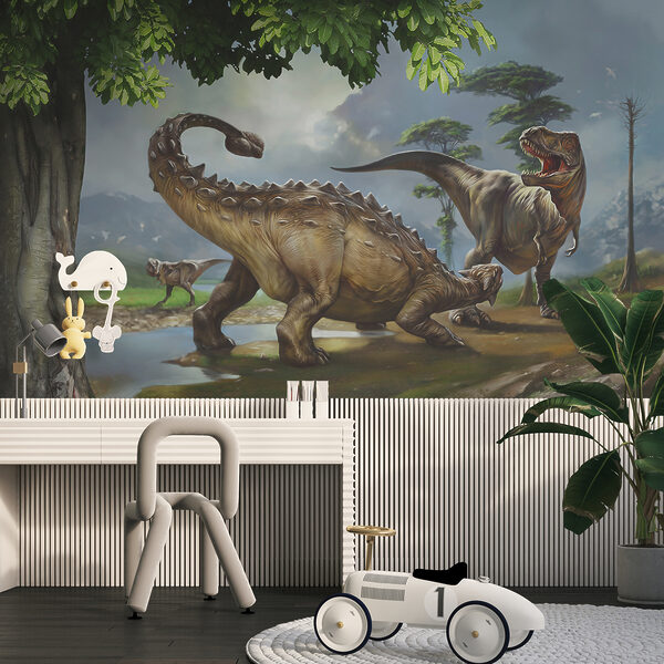 Dinoszauruszok festménye egy folyó mellett Dinoszauruszok festménye egy folyó mellett