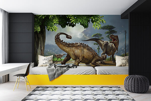 Dinoszauruszok festménye egy folyó mellett Dinoszauruszok festménye egy folyó mellett