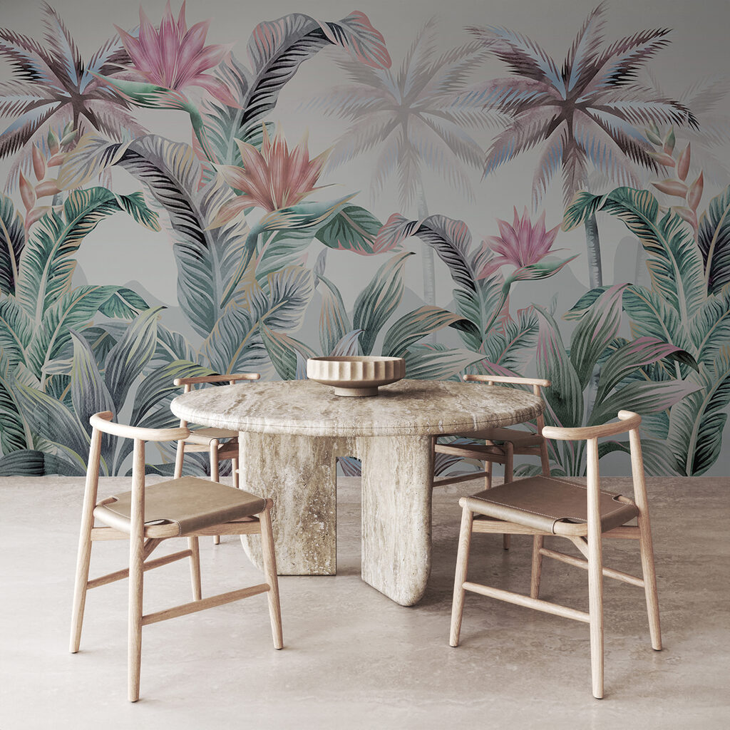 Wallpaper with palm trees and flowers Wallpaper with palm trees and flowers