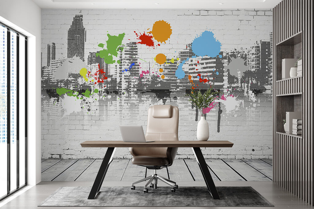 White brick wall with colorful paint splatters White brick wall with colorful paint splatters