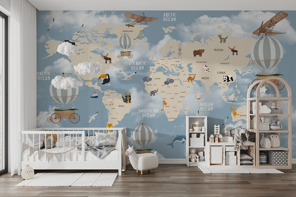 Map of the world with different animals and birds Map of the world with different animals and birds