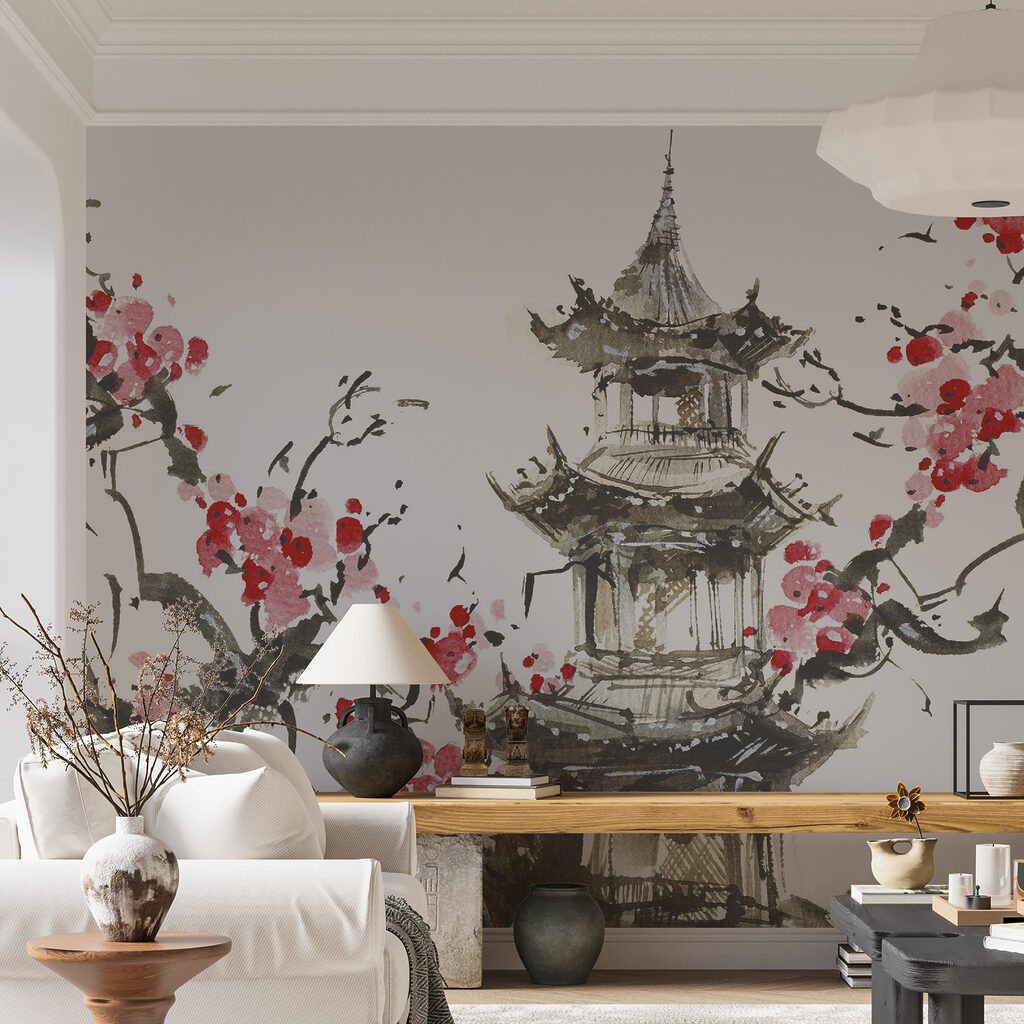 Painting of a pagoda and cherry blossoms Painting of a pagoda and cherry blossoms